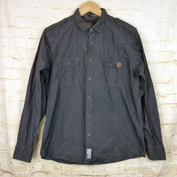Dissident Shirt Mens L Gray Long Sleeve Button Military Utility Pockets Rock Y2K - Picture 1 of 12
